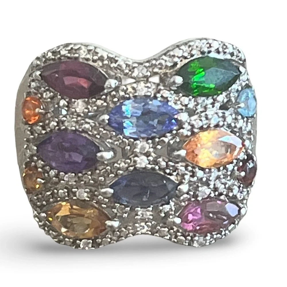 Multi-Color Marquis Cut Gemstone Sterling Silver STS Cocktail Ring Size 8